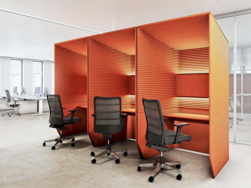 BuzziBooth-Single-Acoustic-Orange-Workstation-Pod-in-Office-with-Ergonomic-Chair